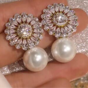 Elegant Pearl and Crystal Flower Earrings